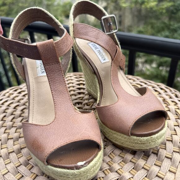 Steve Madden shoes T-strap wedge espadrilles Women’s 6.5 Leather Tan Heels - Picture 1 of 15